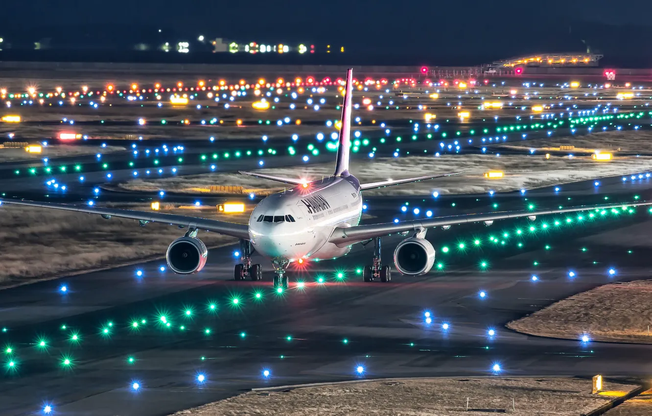 Photo wallpaper night, lights, Japan, the plane, runway, Airbus A330-200, Kansai international airport