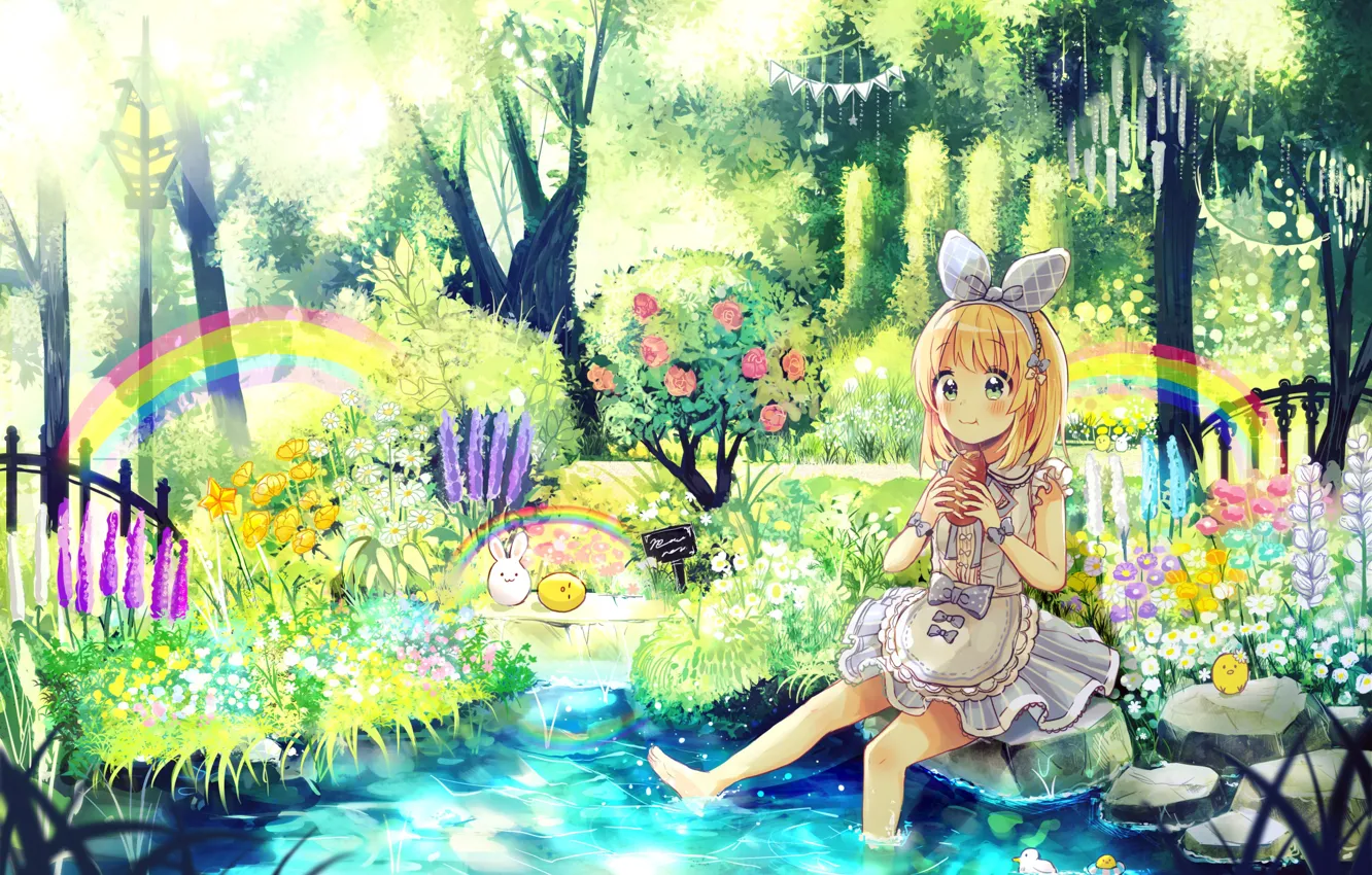 Photo wallpaper Flowers, Lake, Rainbow, Girl, Animals, Art
