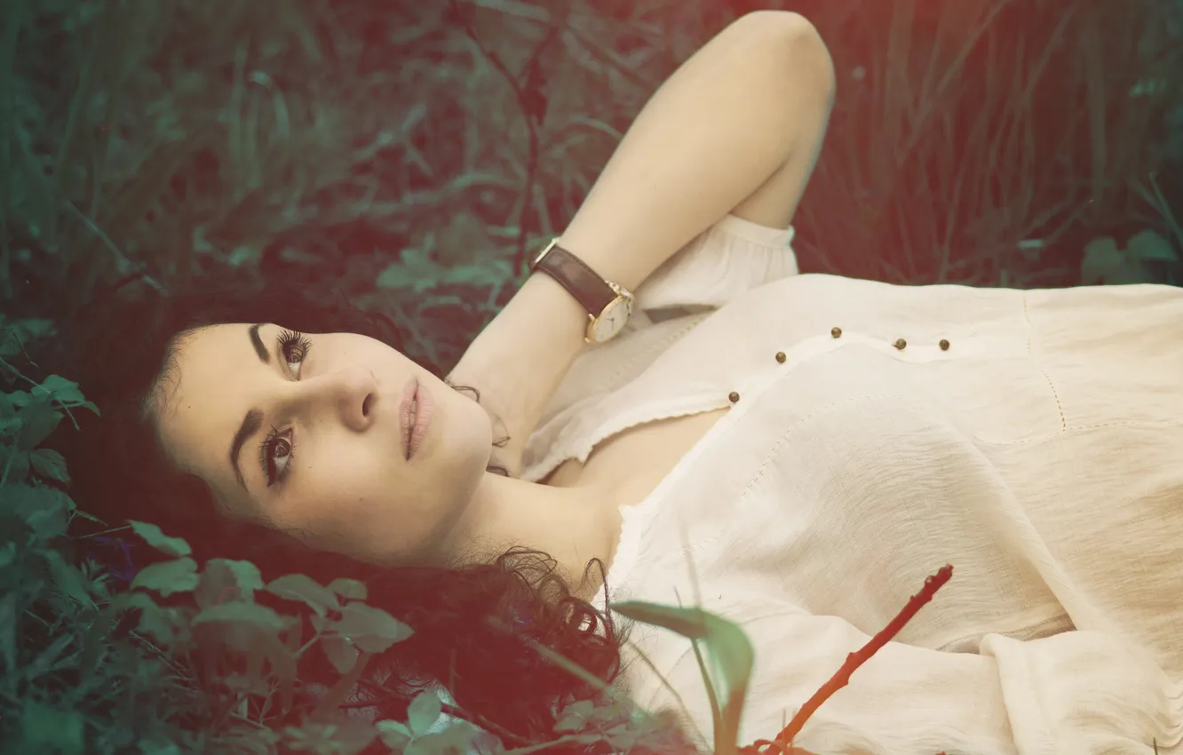 Photo wallpaper look, girl, pose, watch, brunette, looks, curls