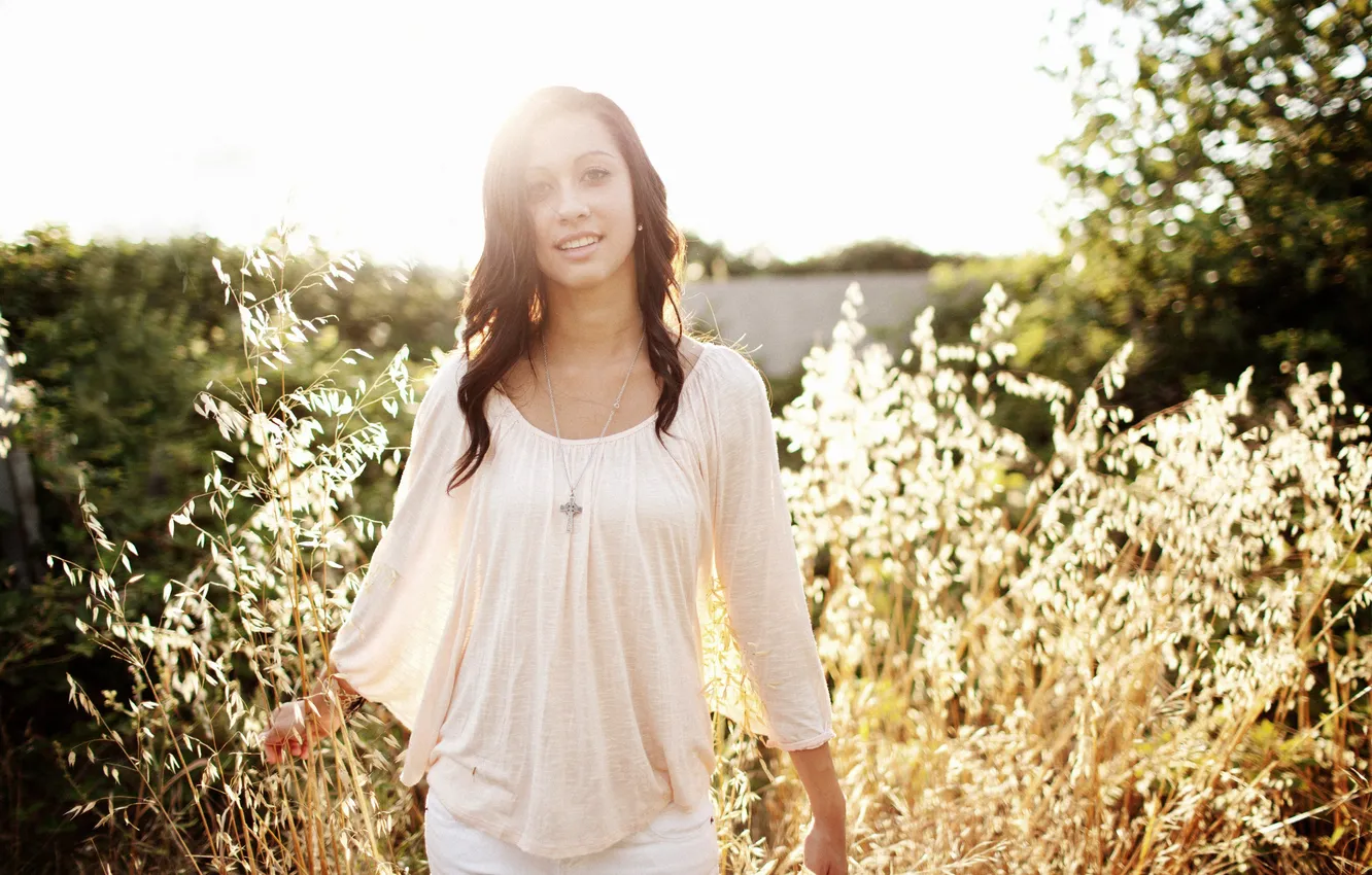 Photo wallpaper grass, look, girl, nature, brunette, cross