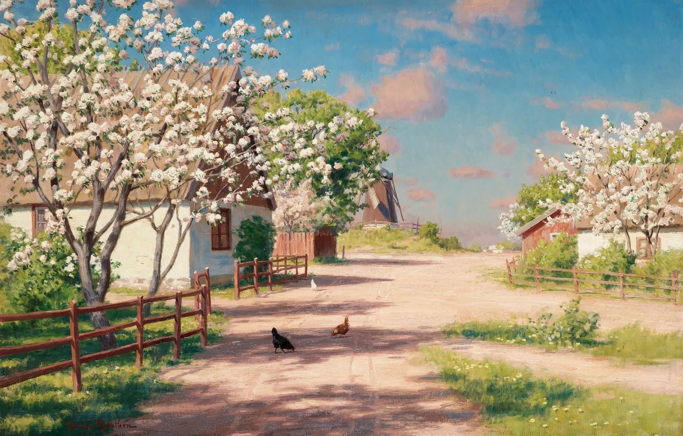 Photo wallpaper spring, garden, house, Sweden, flowering, Hens on village street, Johan Krouthén