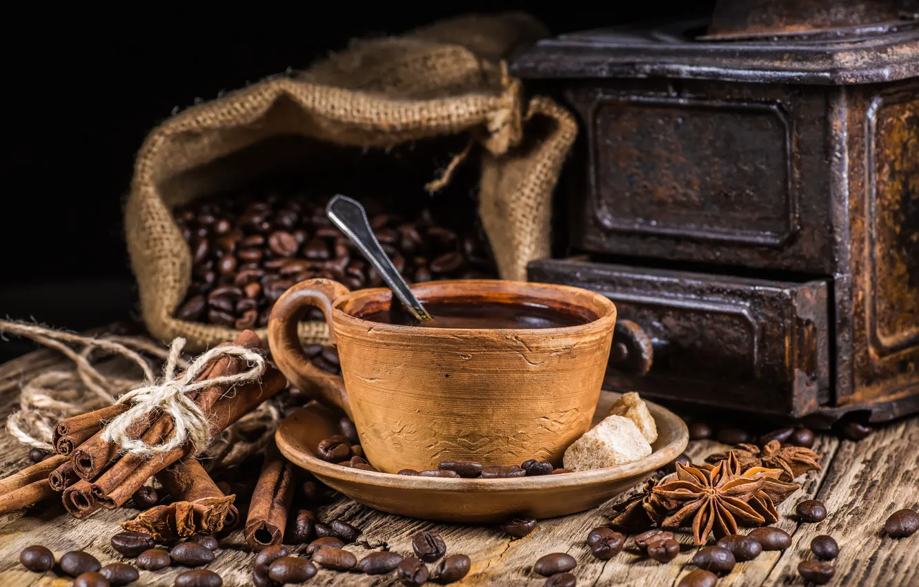 Photo wallpaper coffee, spoon, Cup, grain, star anise, star anise