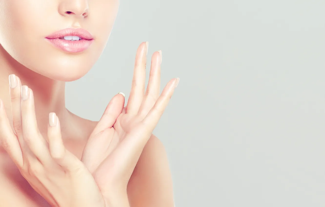 Photo wallpaper girl, face, lipstick, lips, fingers, manicure, edwardderule
