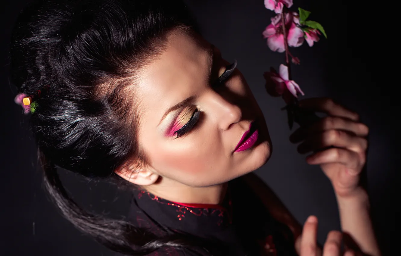 Photo wallpaper look, girl, background, hands, makeup, Sakura, hairstyle, make up