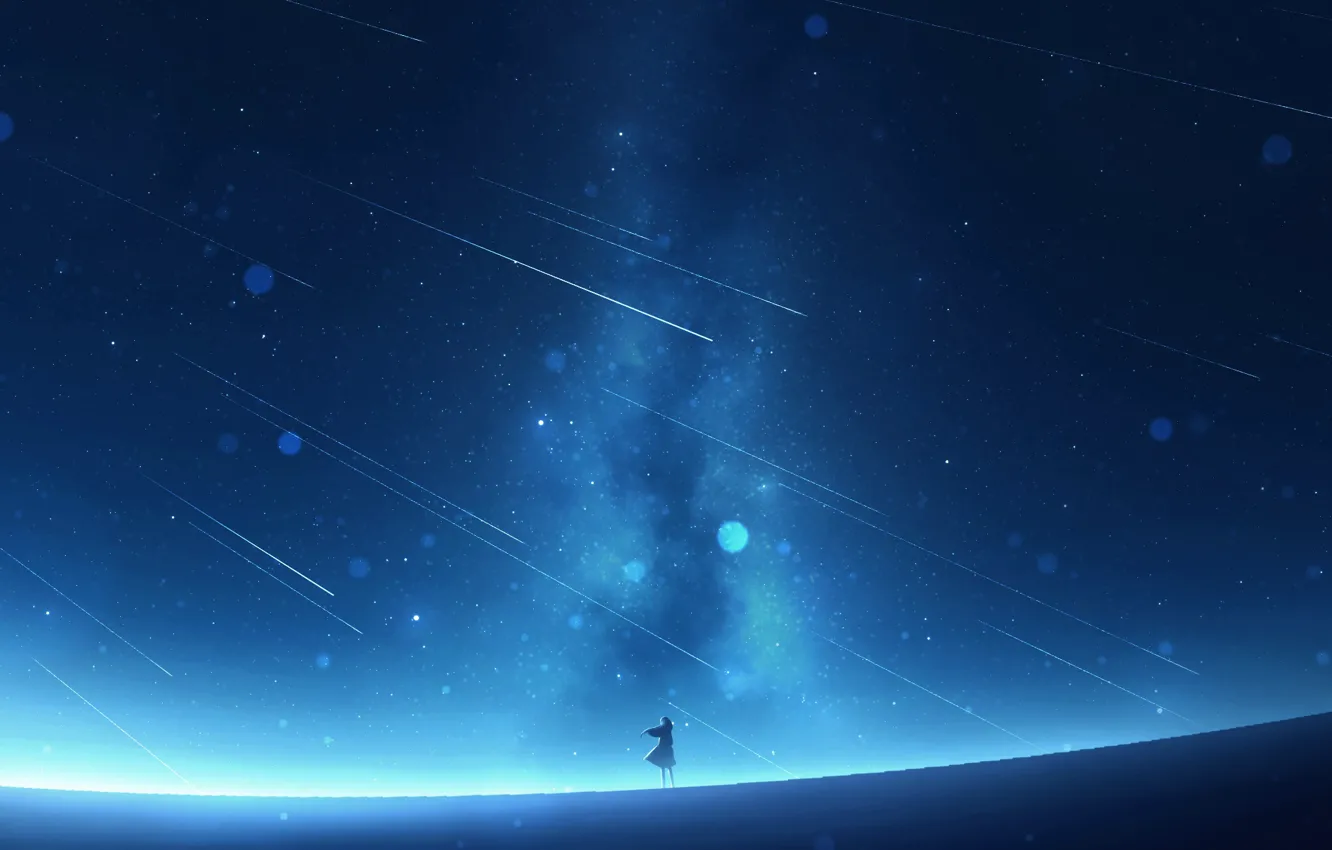 Photo wallpaper girl, silhouette, the milky way, Starfall