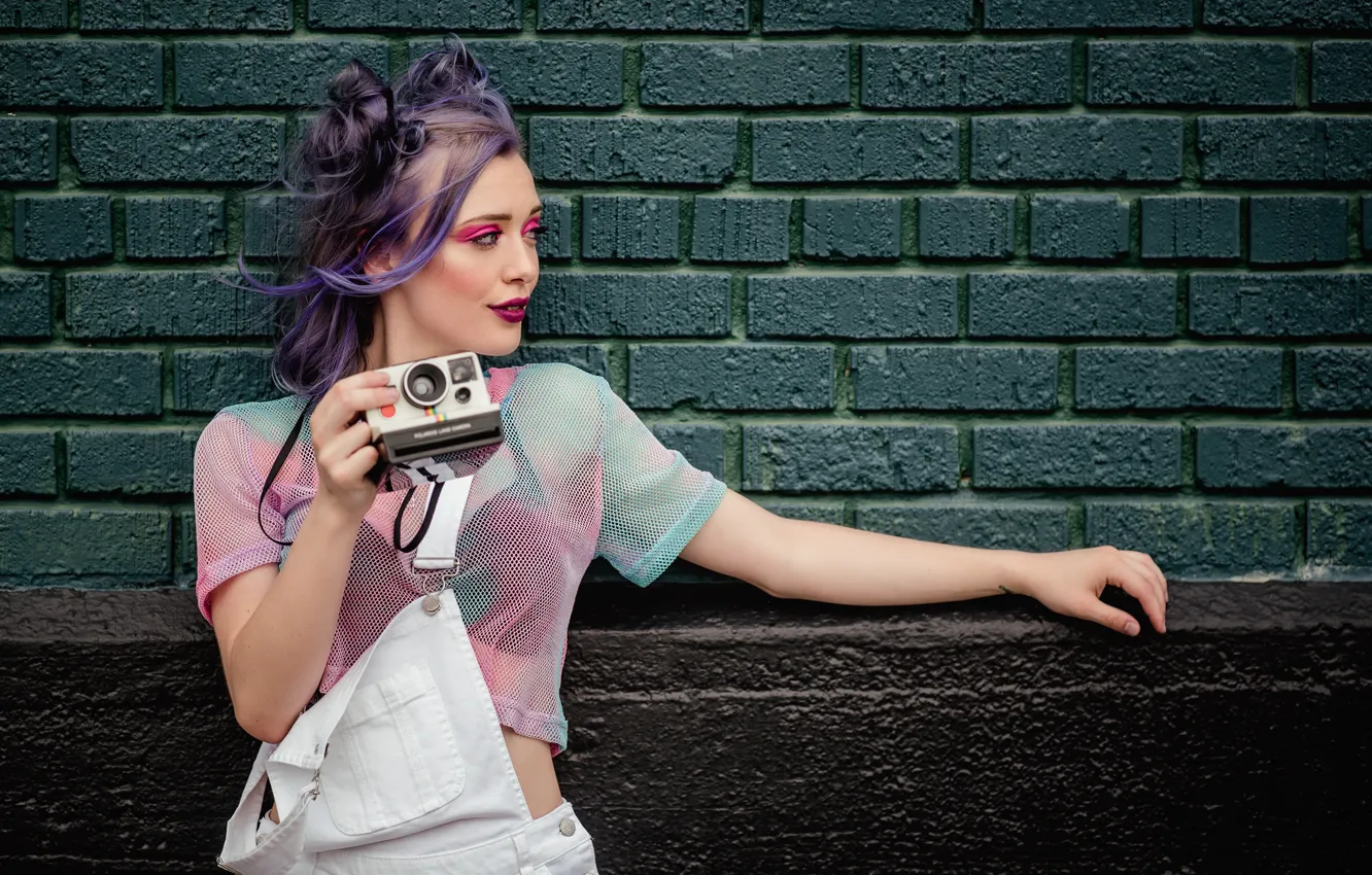 Photo wallpaper girl, wall, camera
