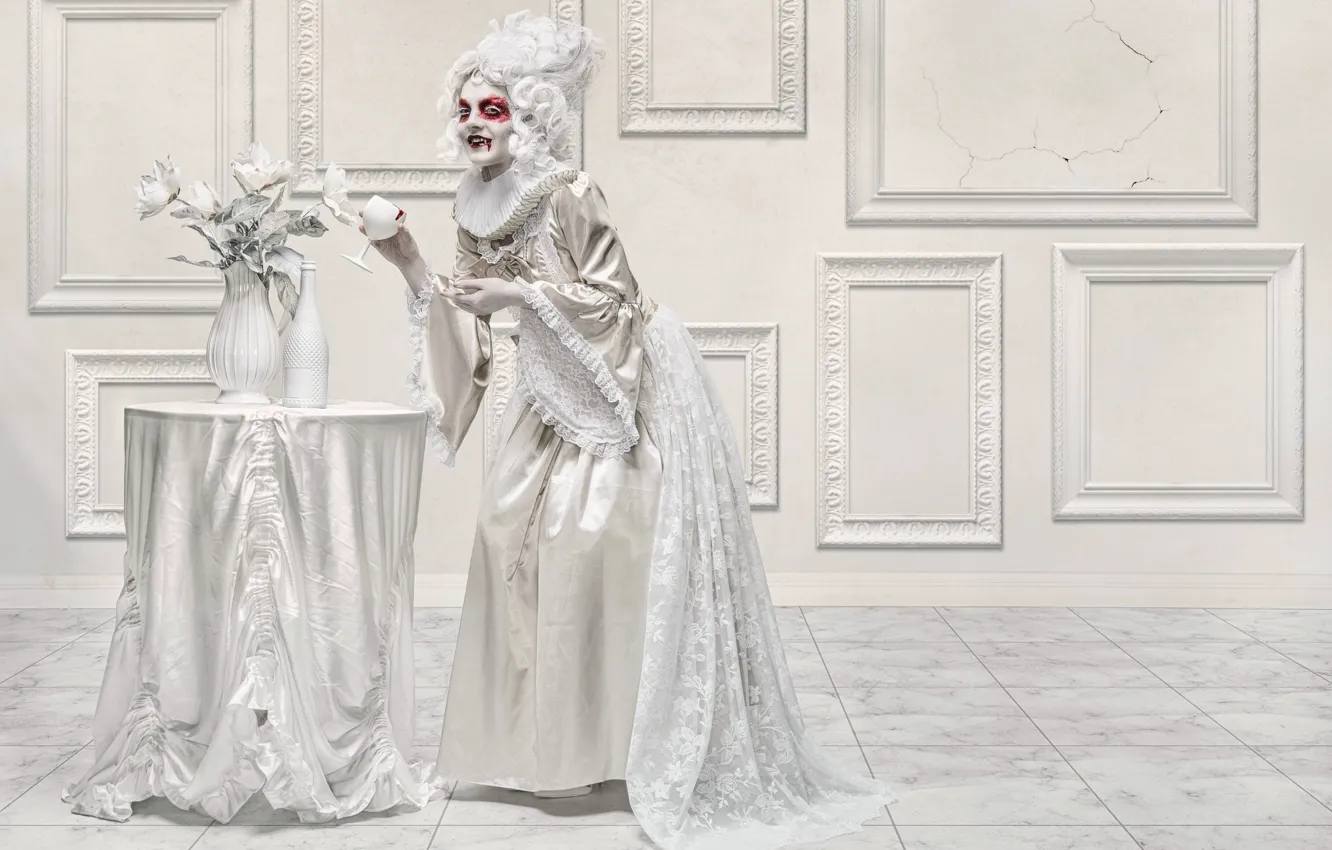 Photo wallpaper girl, blood, bowl, vampire