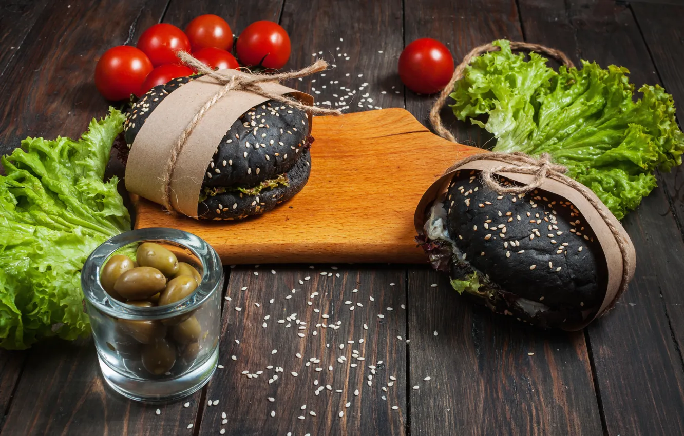 Photo wallpaper food, vegetables, Wood, tomatoes, olives, tomatoes, burgers, Fast food