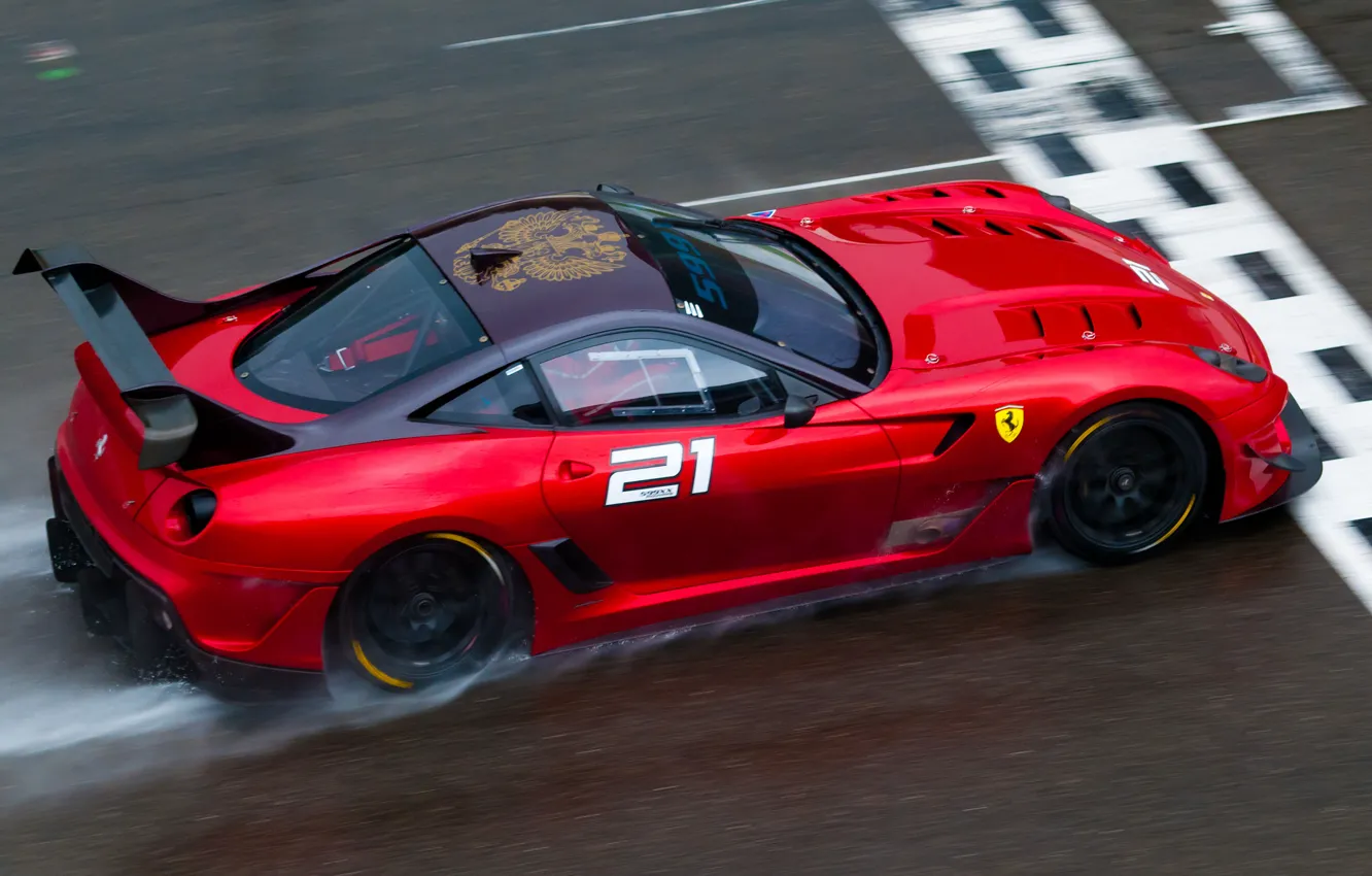 Photo wallpaper red, race, Ferrari, red, Ferrari, track, 599, rain