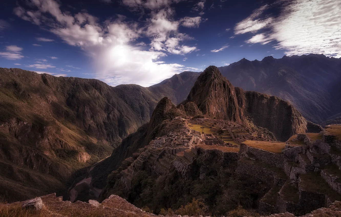 Photo wallpaper the sky, clouds, mountains, the city, ruins, Andes, South America, Machu Picchu