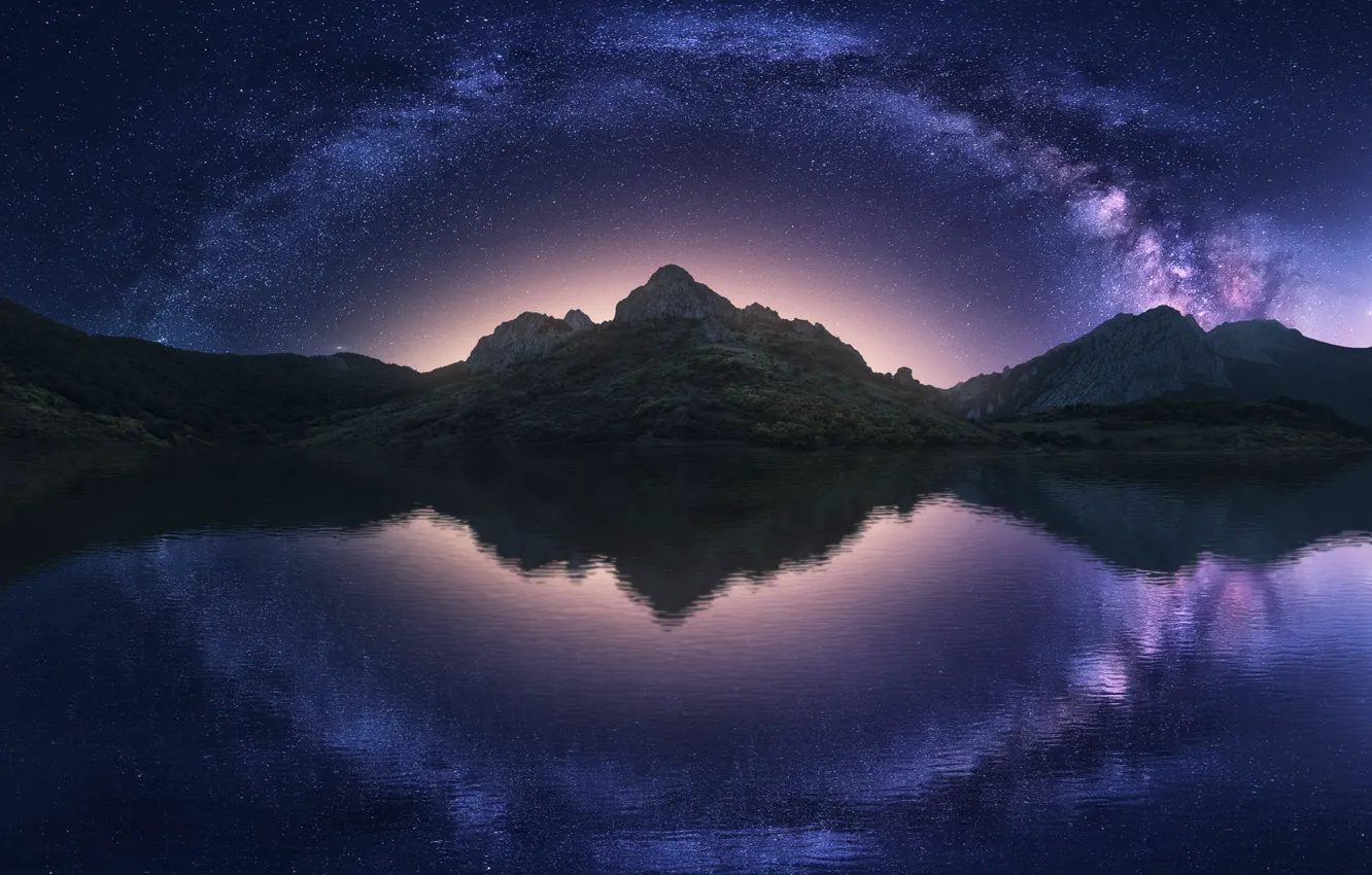 Photo wallpaper the sky, water, stars, mountains, night, reflection, the milky way