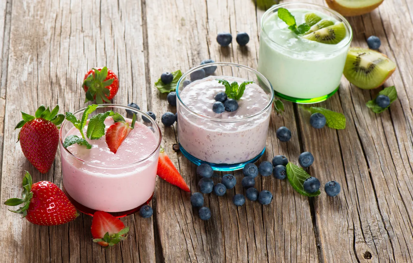Photo wallpaper berries, kiwi, blueberries, strawberry, yogurt