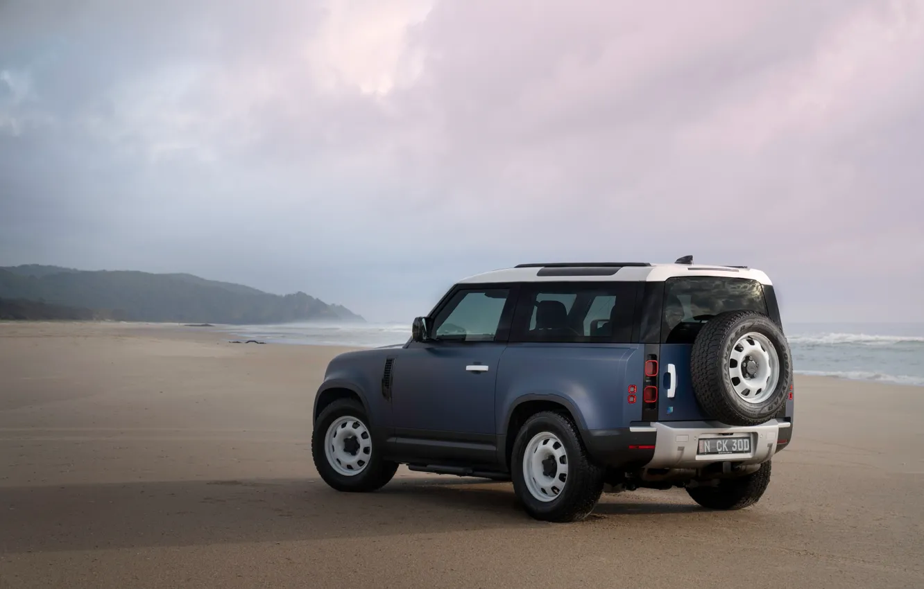 Photo wallpaper Land Rover, beach, Defender, Land Rover Defender 90 Pacific Blue Edition