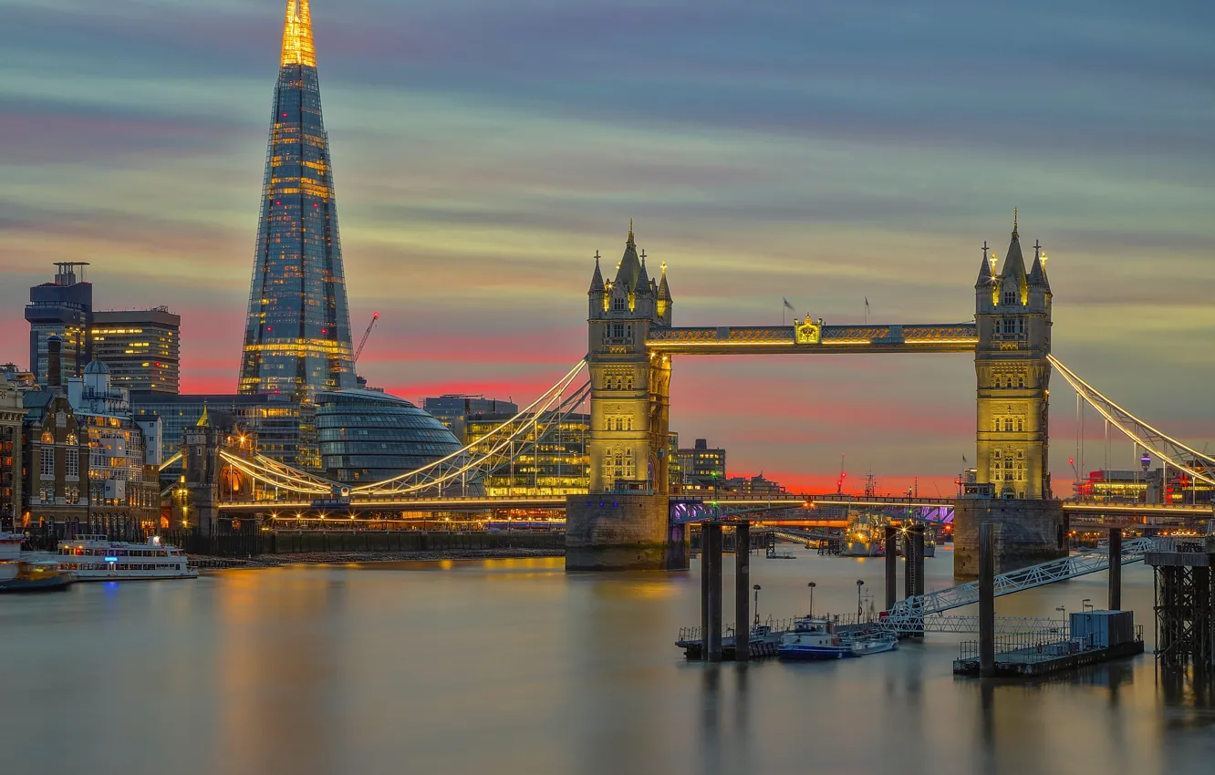 Photo wallpaper lights, England, London, tower, Tower bridge