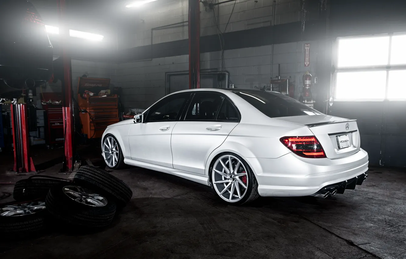 Photo wallpaper wheels, Mercedes Benz, AMG, C63, rearside