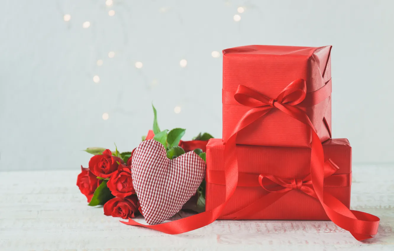 Photo wallpaper Stitched, Valentine's day, tape, box, hearts, red, flowers, holiday