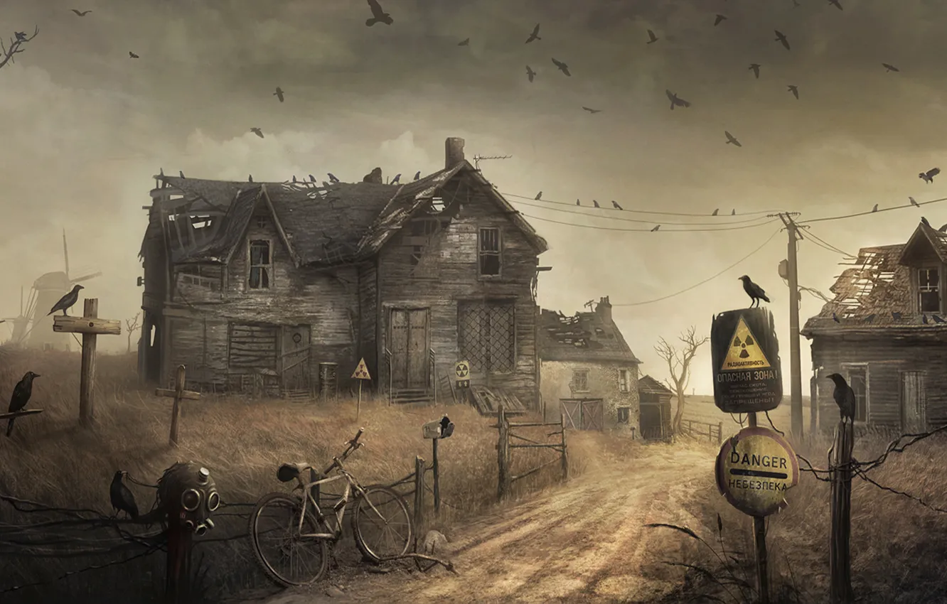 Photo wallpaper the fence, home, radiation, mill, crows, danger zone