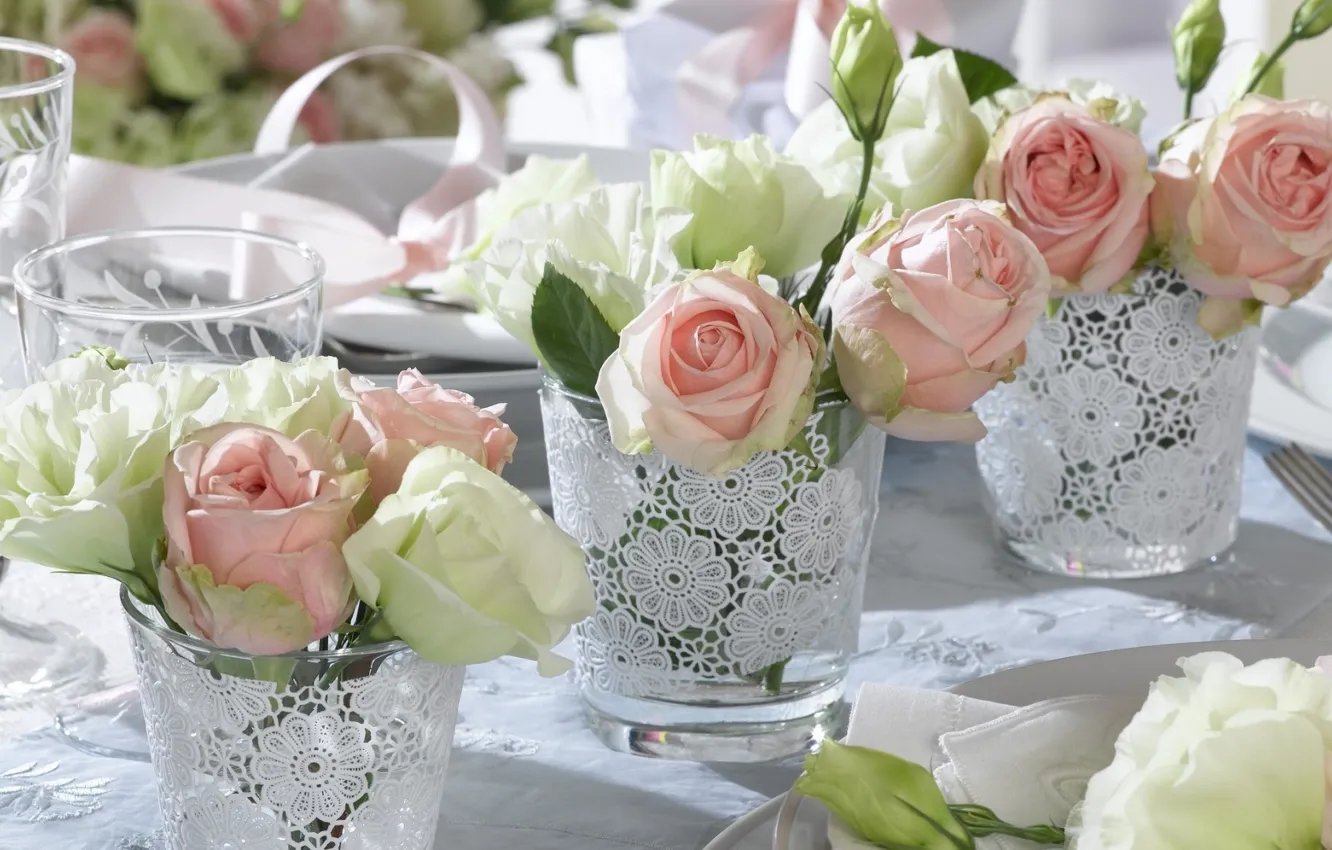Photo wallpaper white, holiday, roses, vase, pink, buds, wedding, decor