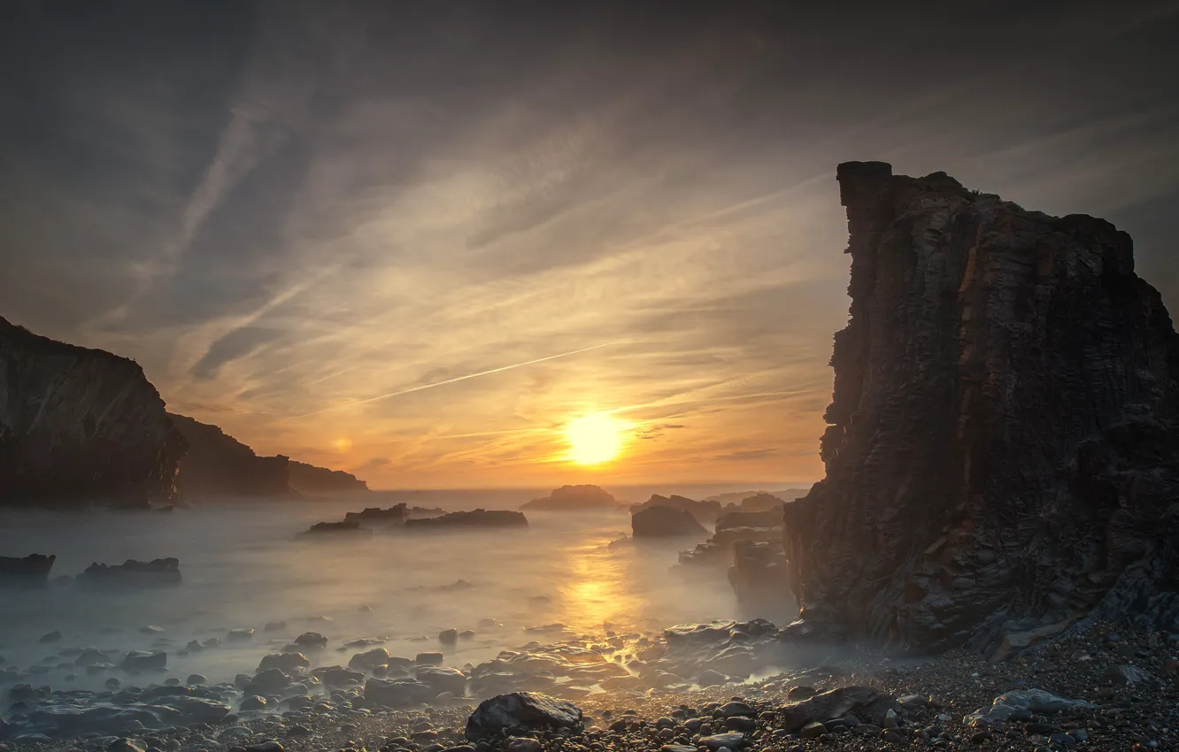 Photo wallpaper sea, the sun, clouds, sunset, nature, fog, pebbles, stones