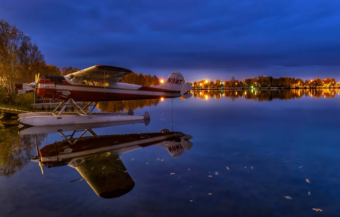 Photo wallpaper the sky, water, trees, lights, lake, reflection, the evening, pier