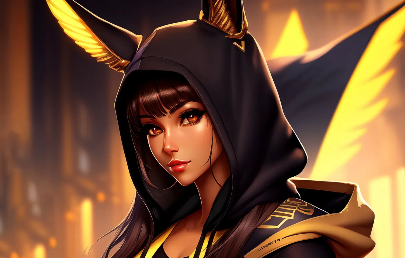 Photo wallpaper girl, beauty, bokeh, brown eyes, digital art, digital art, outfit, artificial intelligence