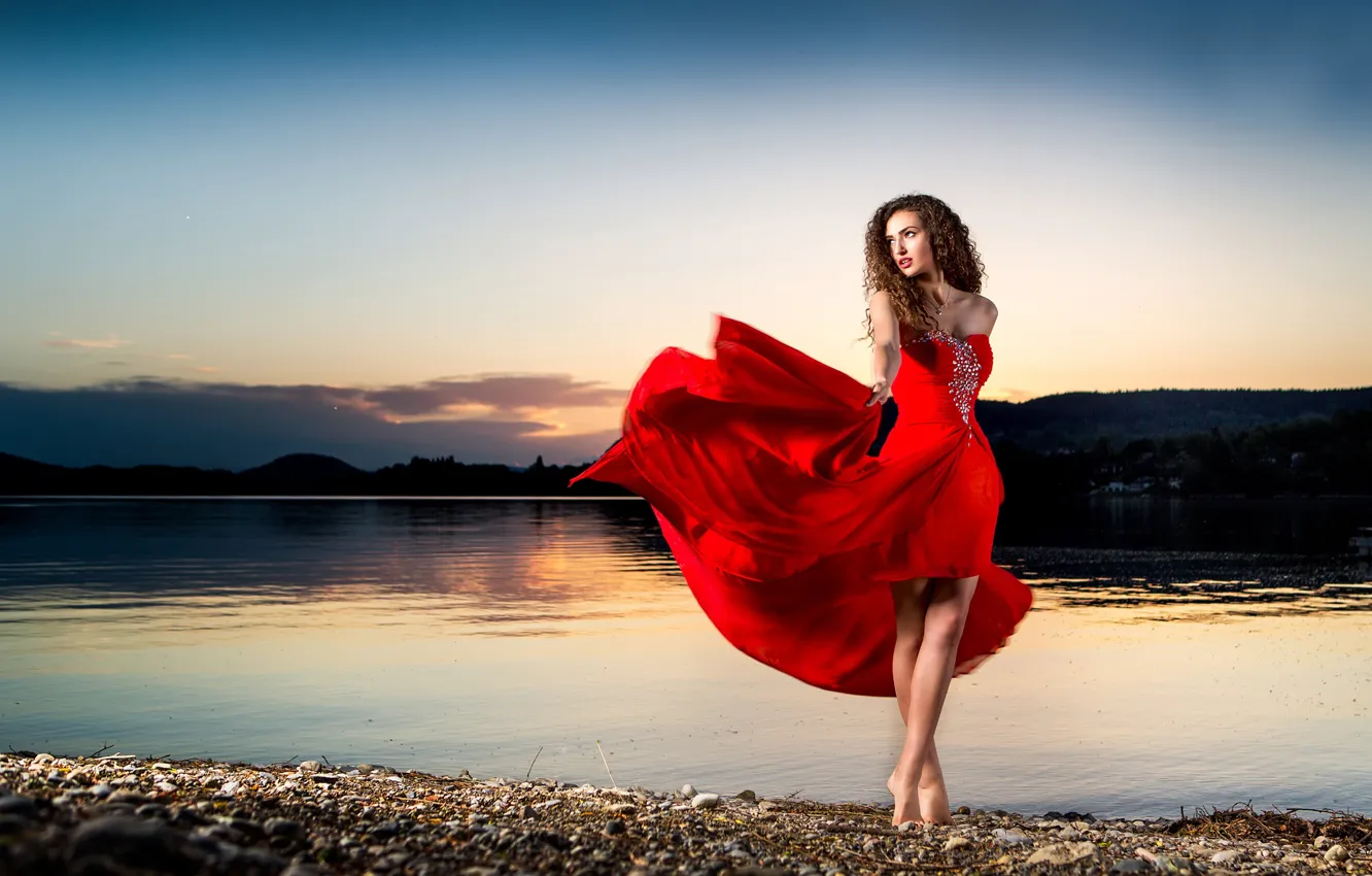 Photo wallpaper girl, shore, dance, dress, in red, sunset dance