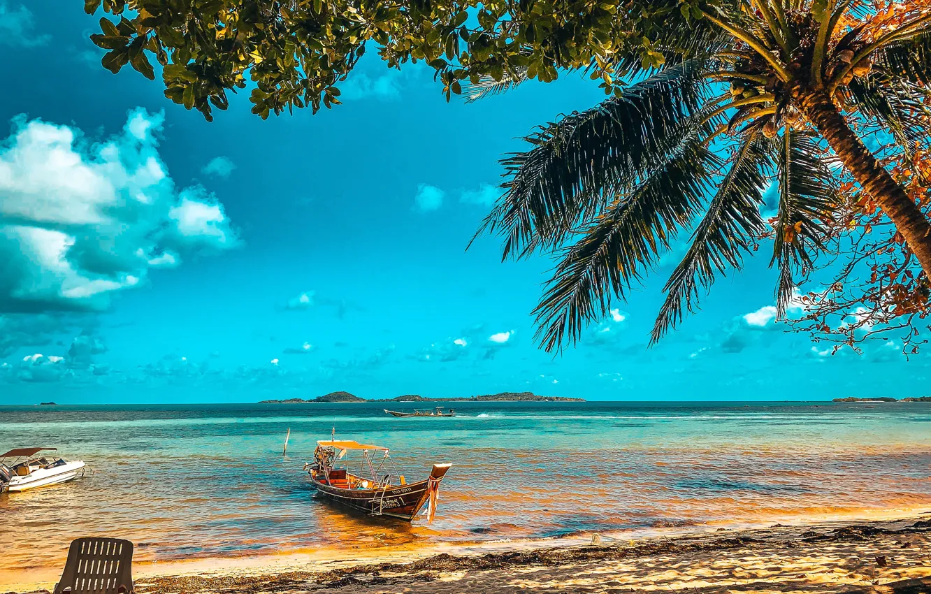 Photo wallpaper sand, water, nature, palm trees, coast, boat, island, shadow