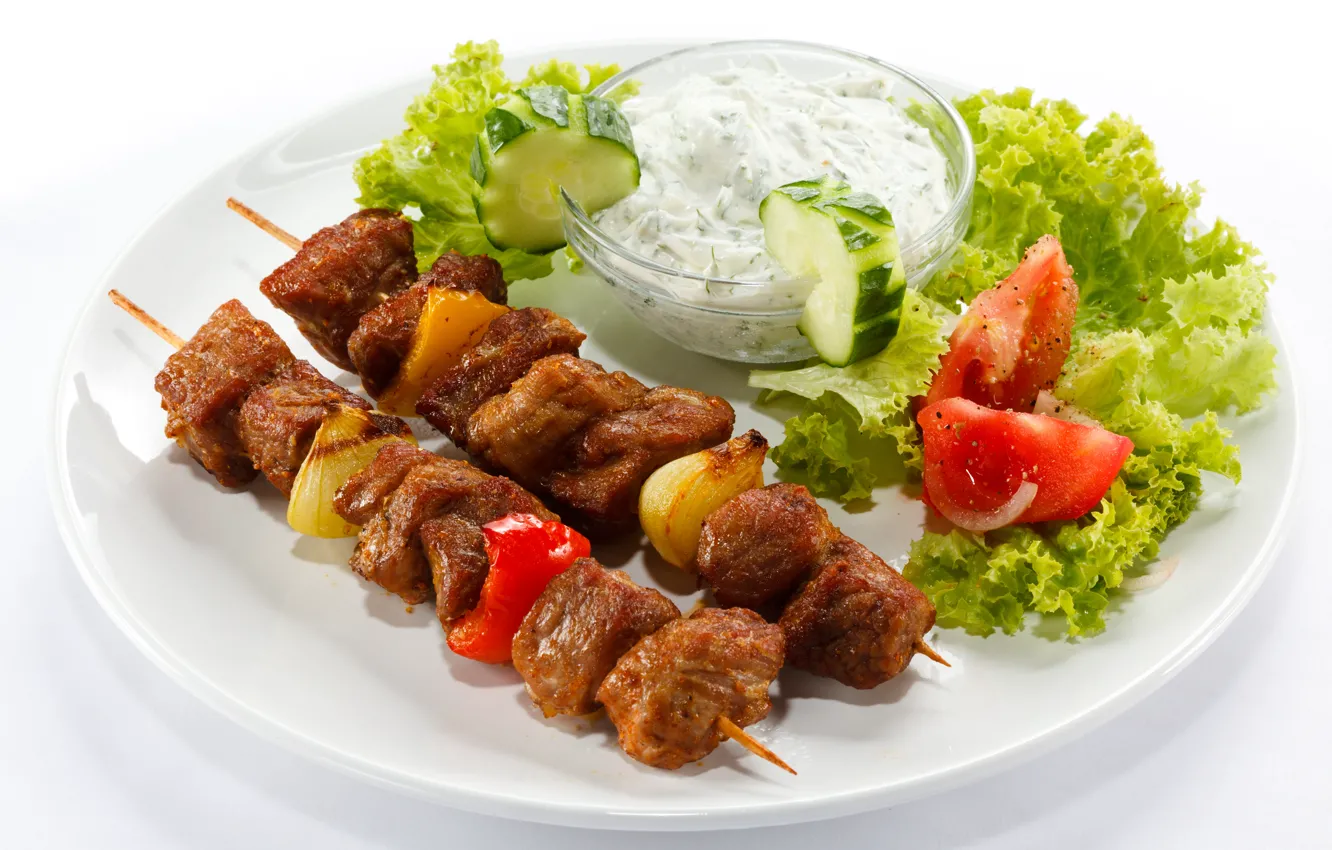Photo wallpaper bow, plate, meat, pepper, tomatoes, sauce, kebab, cucumbers