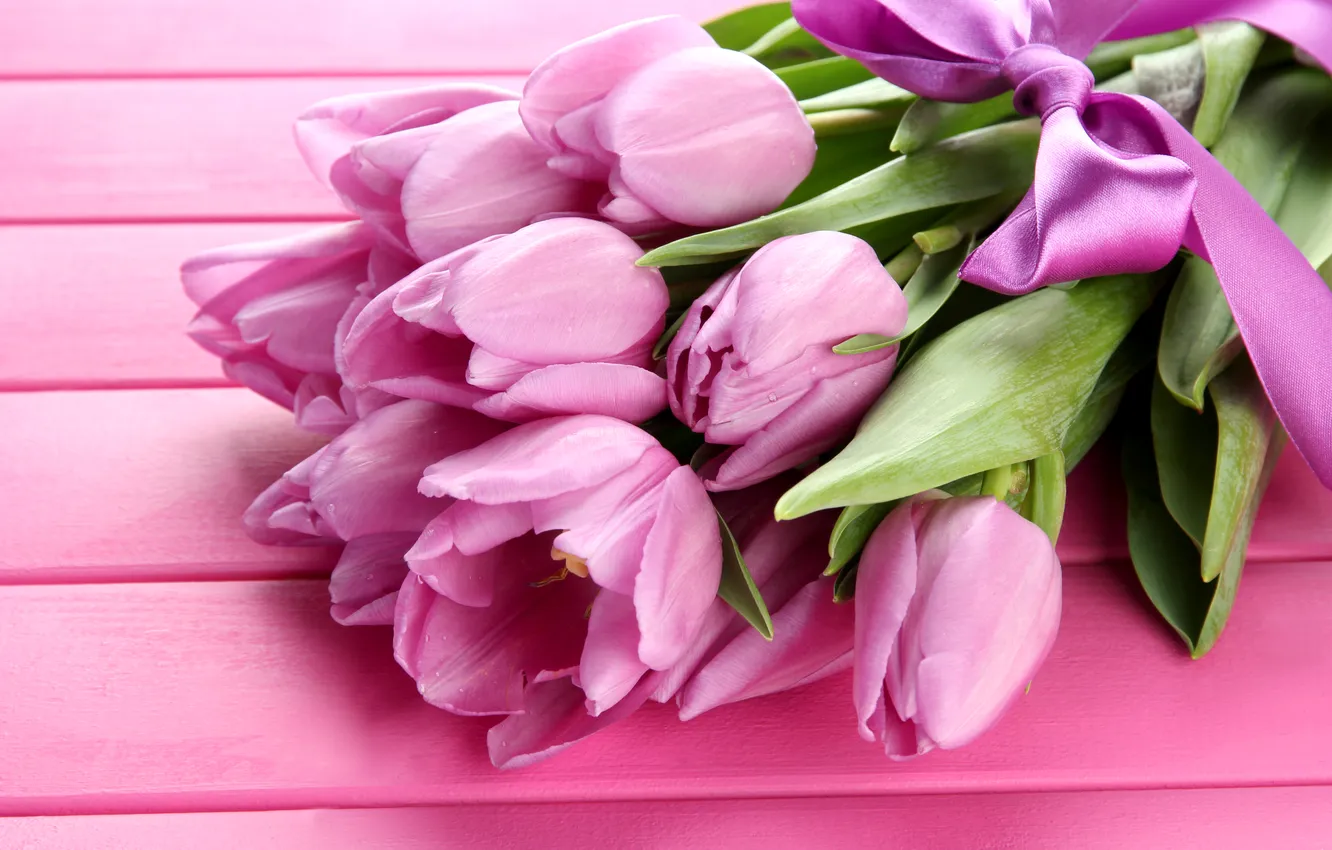 Photo wallpaper flowers, bouquet, tape, tulips, pink, wood, pink, flowers