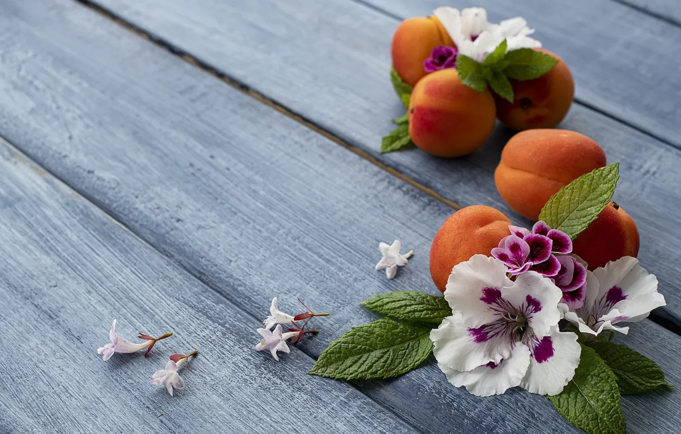 Photo wallpaper flowers, background, blue, apricot