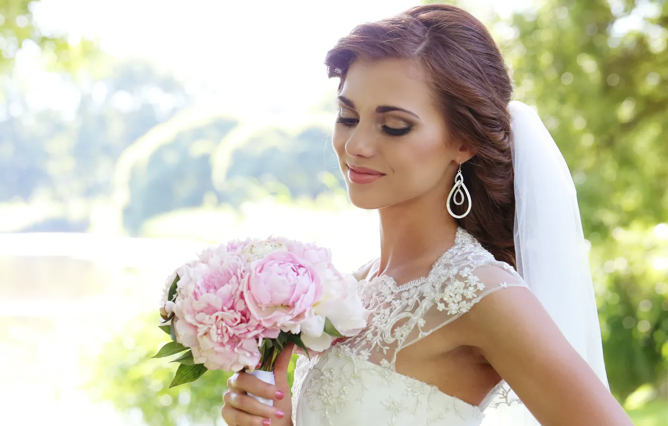 Photo wallpaper white, look, girl, light, flowers, nature, pose, smile