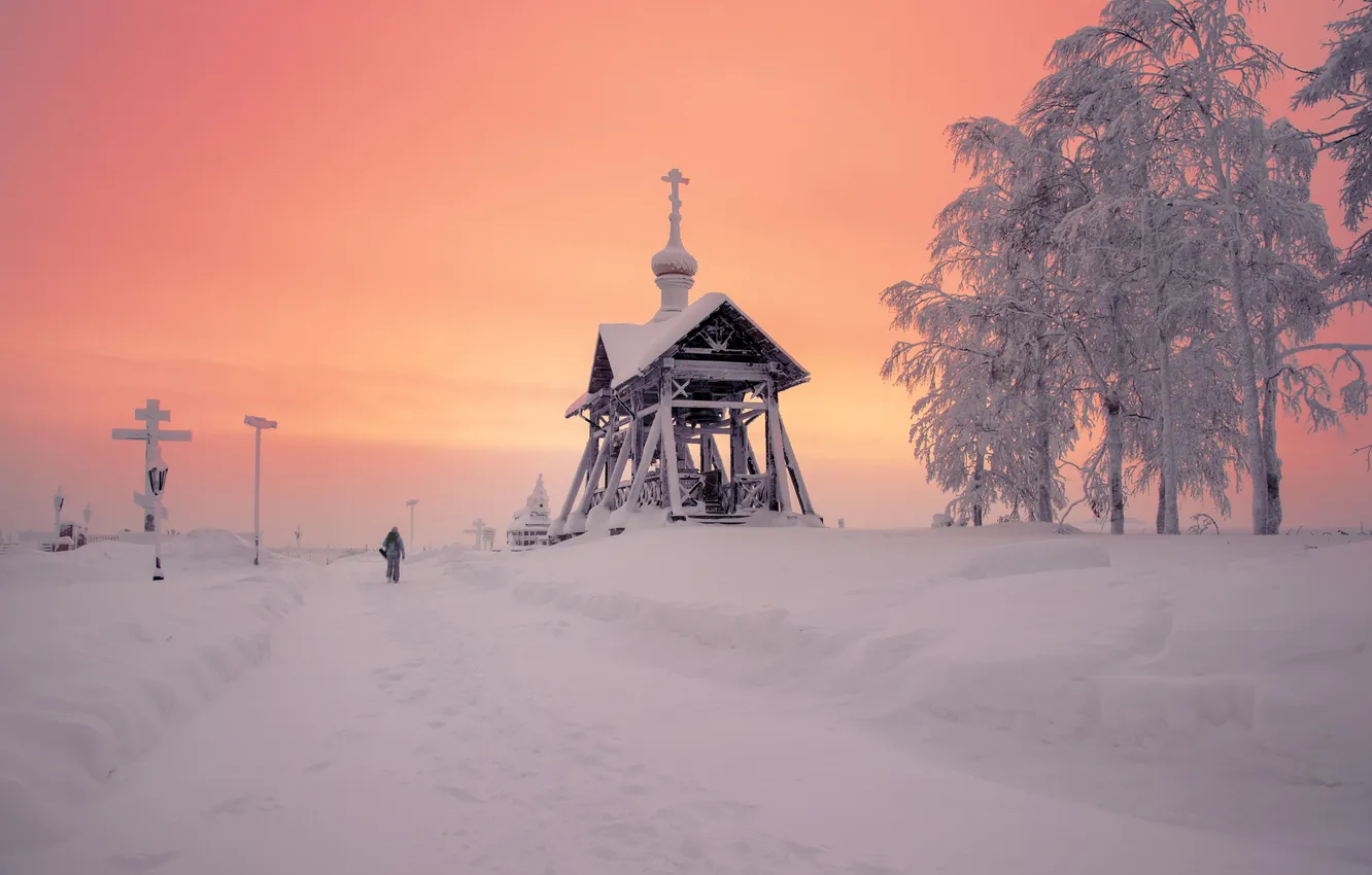 Photo wallpaper winter, frost, road, the sky, snow, trees, nature, dawn