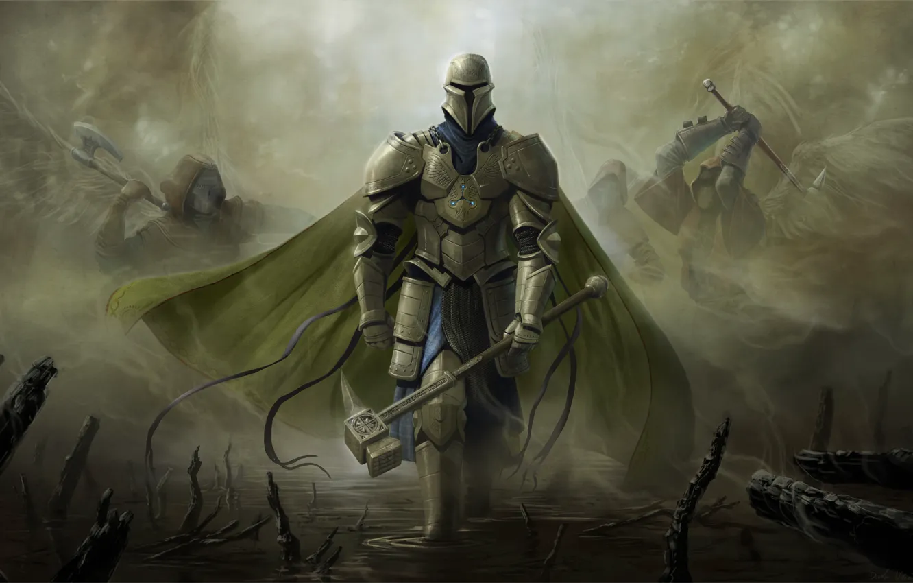 Photo wallpaper weapons, swamp, wings, armor, hammer, warrior, art, cloak