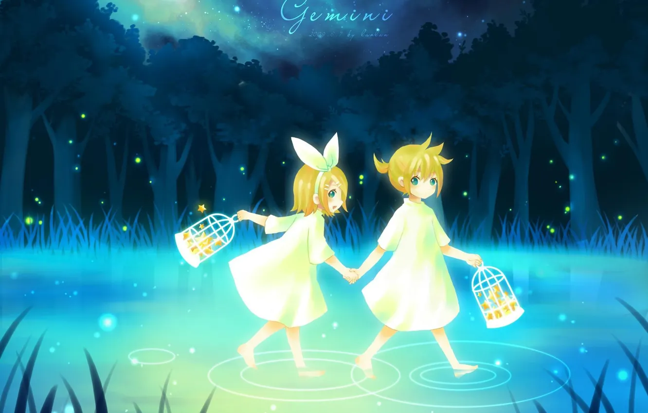 Photo wallpaper forest, water, trees, fireflies, the moon, cell, boy, art