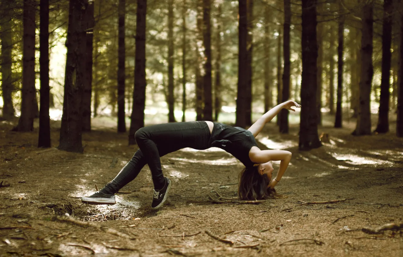 Photo wallpaper forest, girl, trees, brown hair, levitation