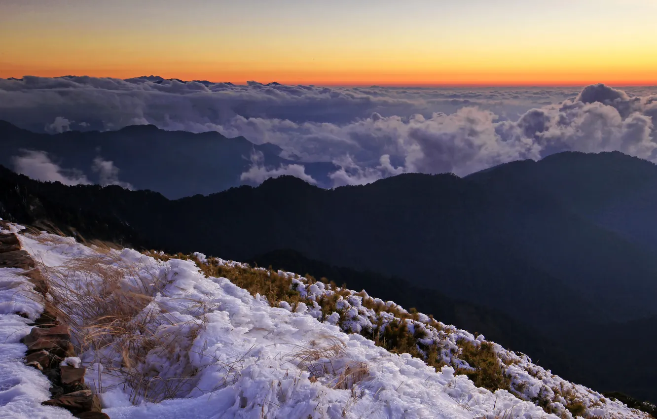Photo wallpaper clouds, snow, mountains, nature, height