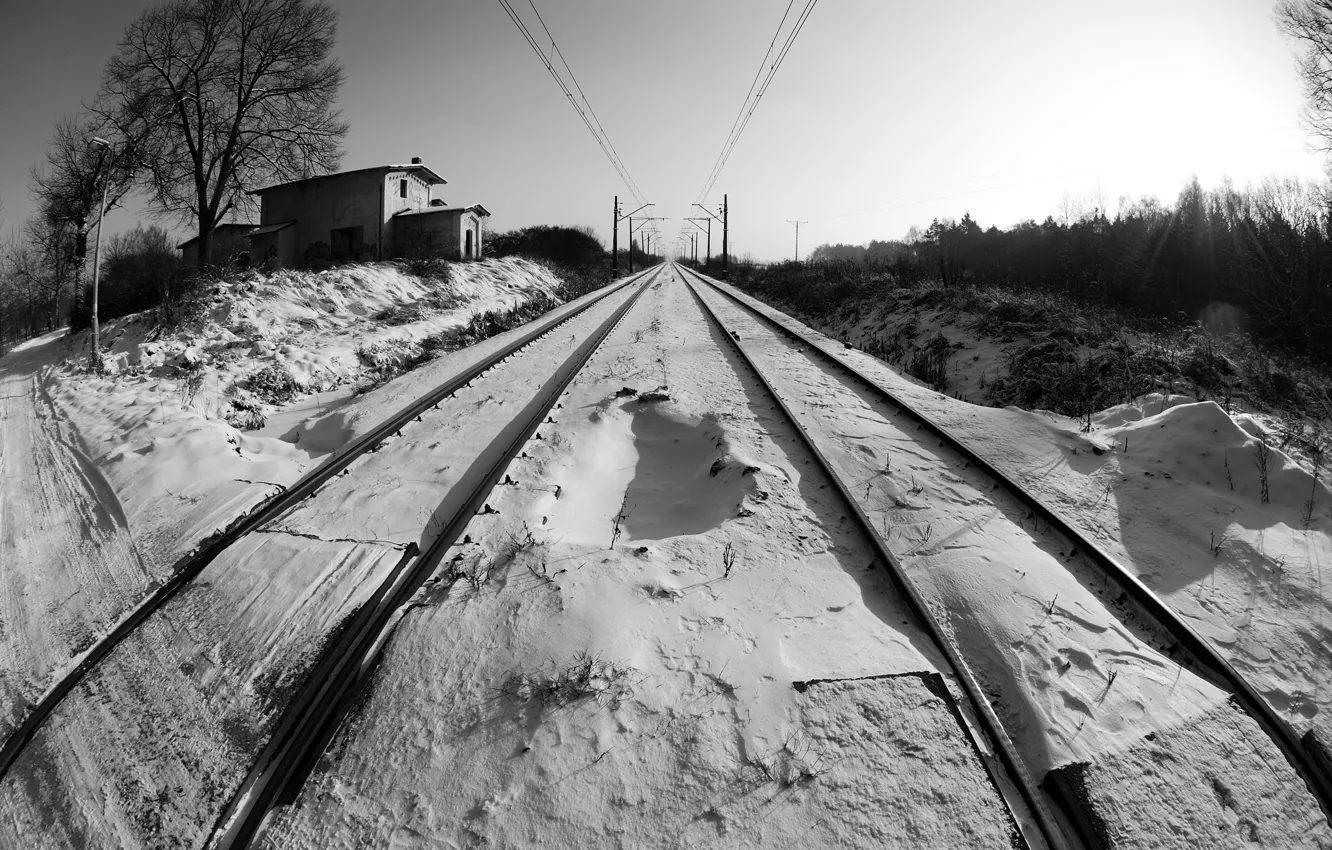 Photo wallpaper winter, snow, perspective, black and white, railroad