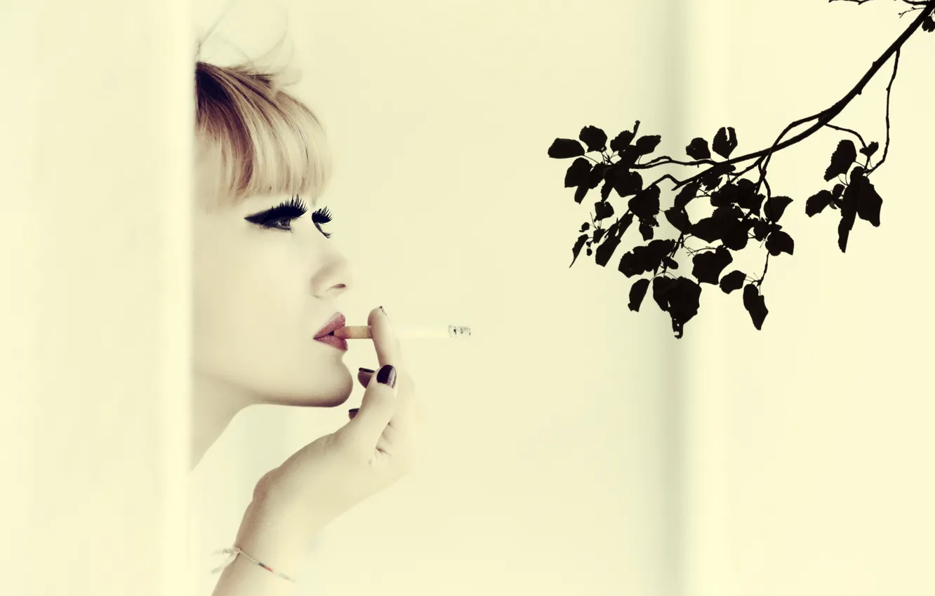 Photo wallpaper girl, mood, branch, cigarette, lipstick, Ozge Aslan, I Can`t Smoke