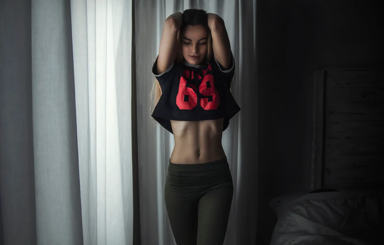 Photo wallpaper girl, sexy, pose, bed, tummy, makeup, figure, slim