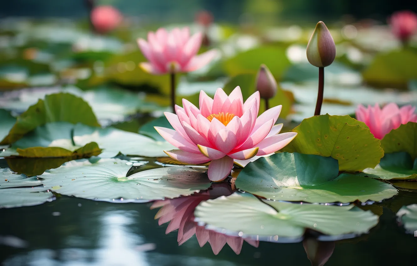 Photo wallpaper leaves, water, flowers, lake, pond, pink, buds, water lilies