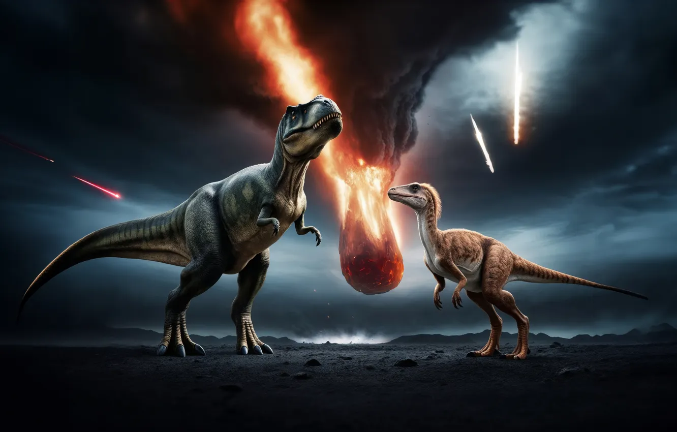 Photo wallpaper animal, dinosaur, predator, disaster, asteroids, Tyrannosaurus, digital art, Tyrannosaurus Rex
