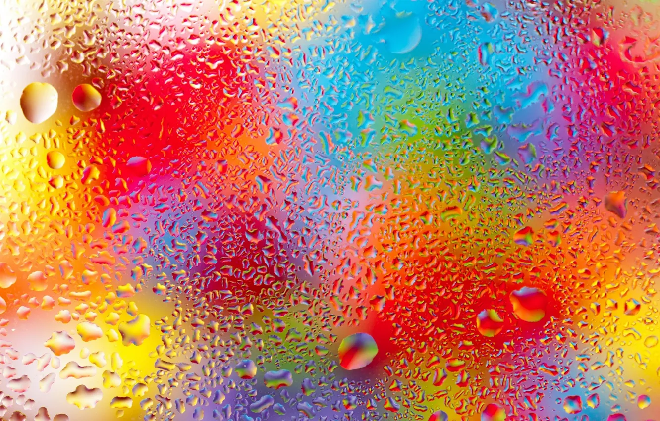 Photo wallpaper glass, water, drops, macro, light, color, rainbow