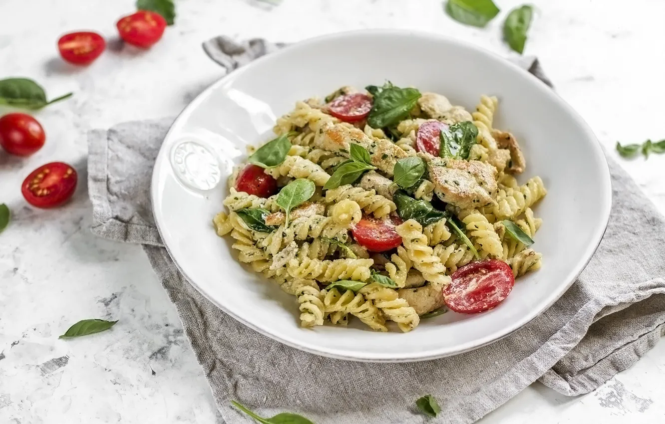 Photo wallpaper tomatoes, pasta, Basil
