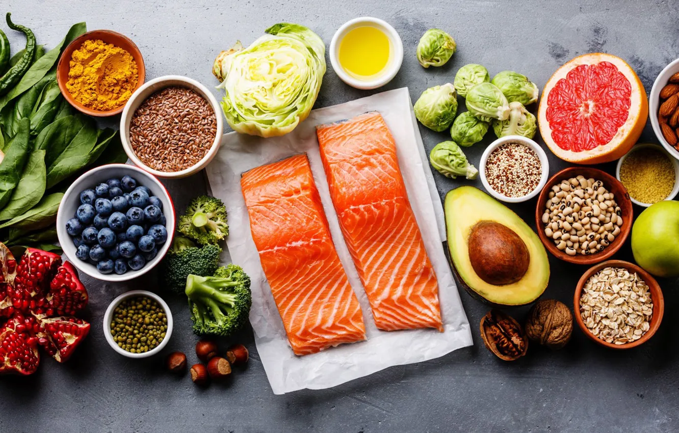 Photo wallpaper fish, nuts, cabbage, grapefruit, garnet, blueberries, ginger, avocado