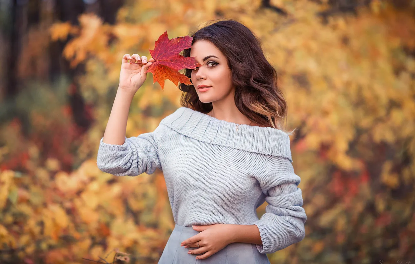 Photo wallpaper autumn, leaves, girl, nature, pose, beautiful, sweater, Xenia