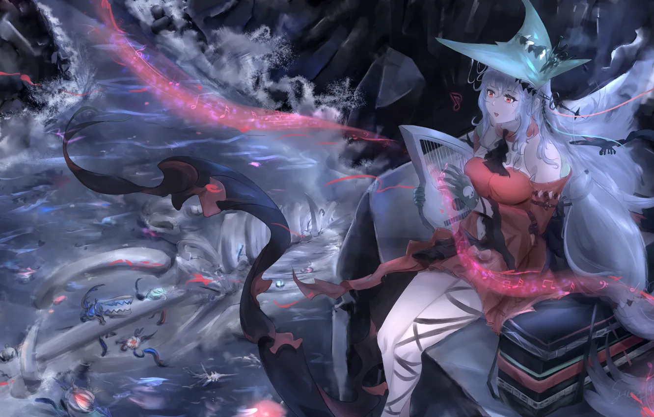 Photo wallpaper water, girl, magic, Arknights, Skadi