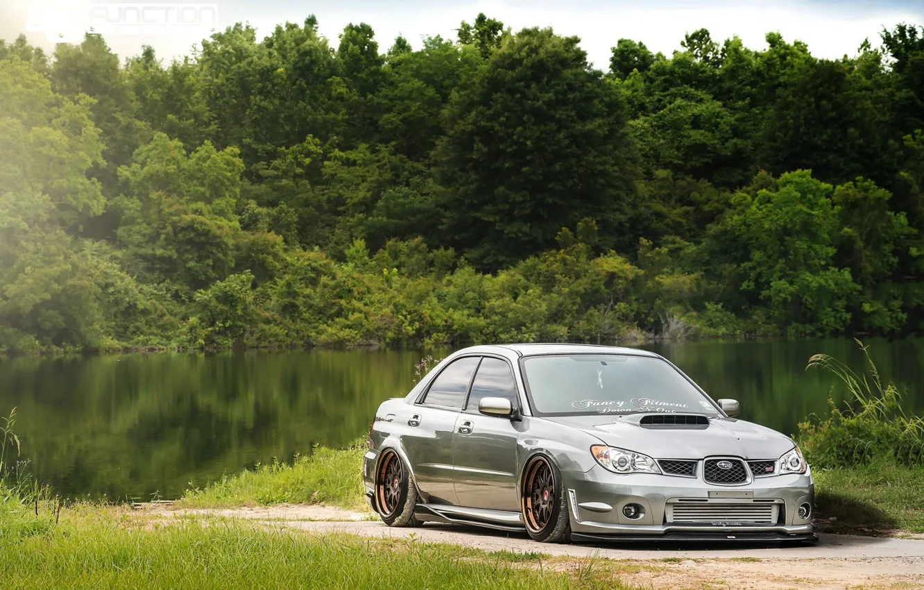 Photo wallpaper forest, river, tuning, view, before, turbo, wheels, subaru