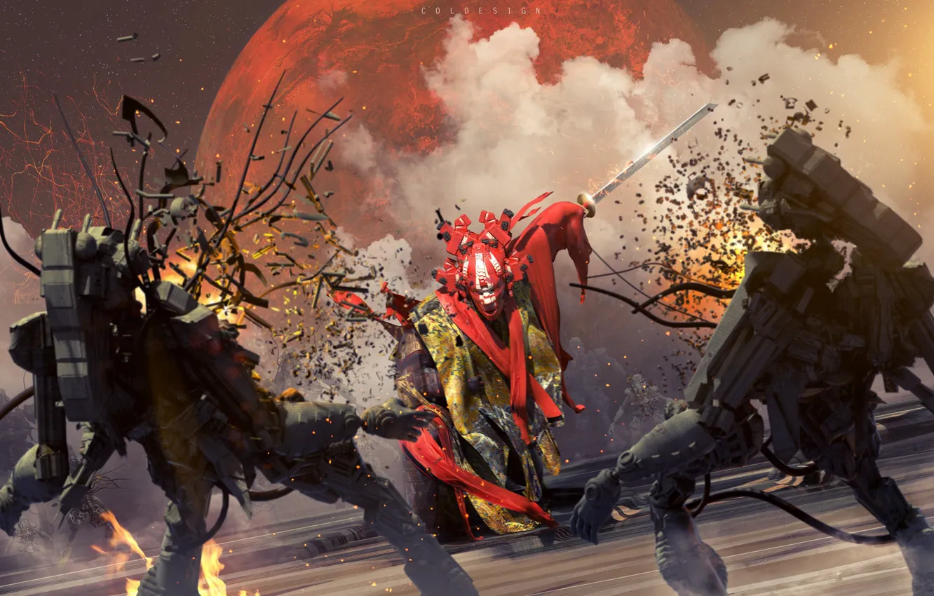 Photo wallpaper planet, robot, sword, fight, The One