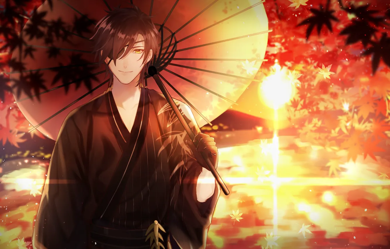 Photo wallpaper sunset, umbrella, guy, Touken Ranbu, Dance Of Swords