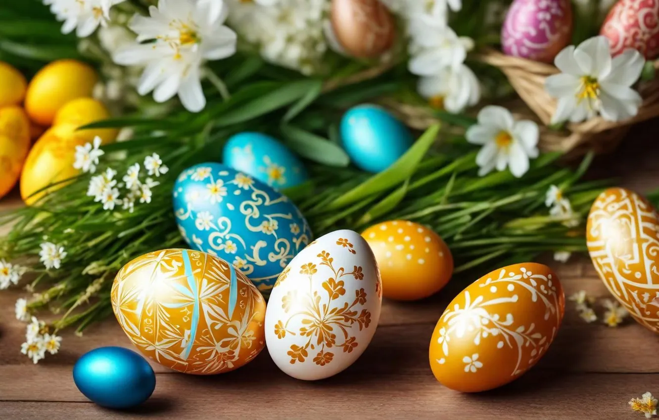 Photo wallpaper flowers, eggs, spring, colorful, Easter, flowers, spring, Easter
